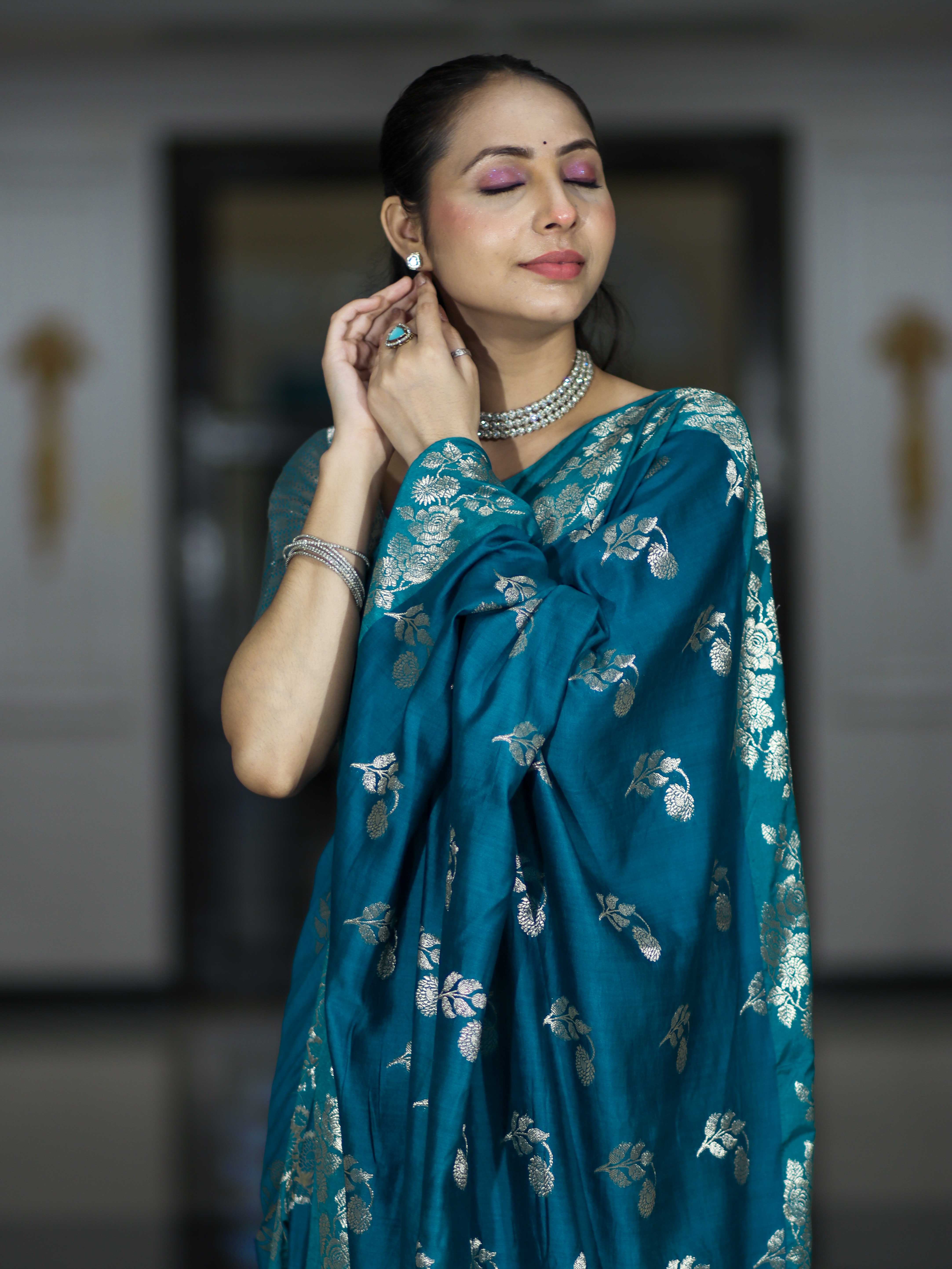Banarasee Handloom Pure Chiniya Silk Saree With Zari Work-Turquoise Blue