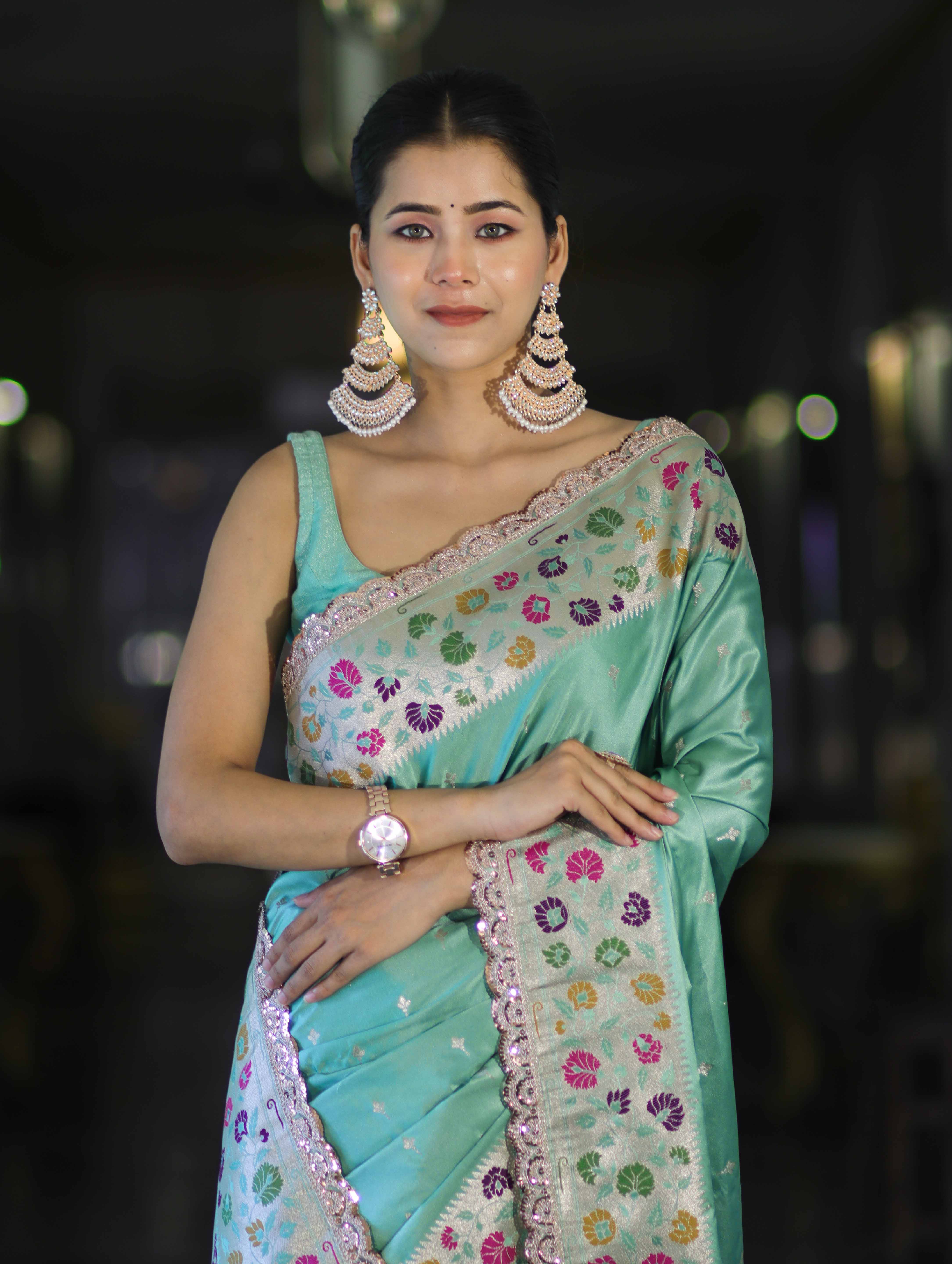 Banarasee Handloom Mashru Silk Saree With Buti Design Meenadar Border & Pallu-Aqua Green