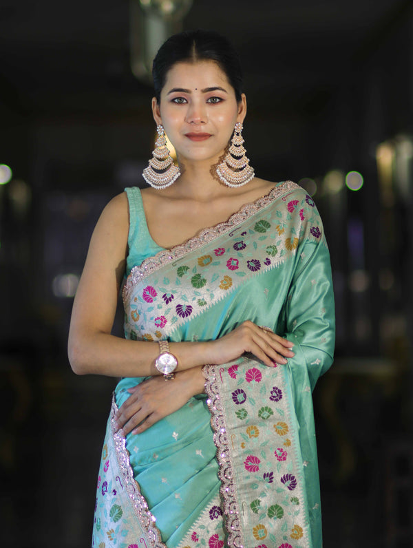 Banarasee Handloom Mashru Silk Saree With Buti Design Meenadar Border & Pallu-Aqua Green