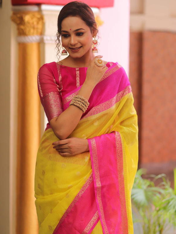 Banarasee Cotton Silk Mix Kota Checks Saree With Zari Design-Yellow & Pink