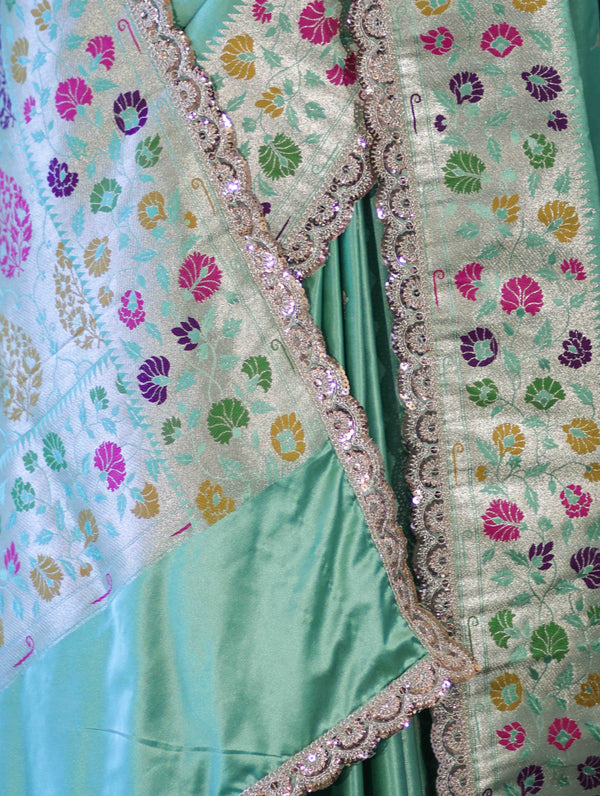 Banarasee Handloom Mashru Silk Saree With Buti Design Meenadar Border & Pallu-Aqua Green