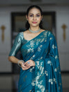 Banarasee Handloom Pure Chiniya Silk Saree With Zari Work-Turquoise Blue