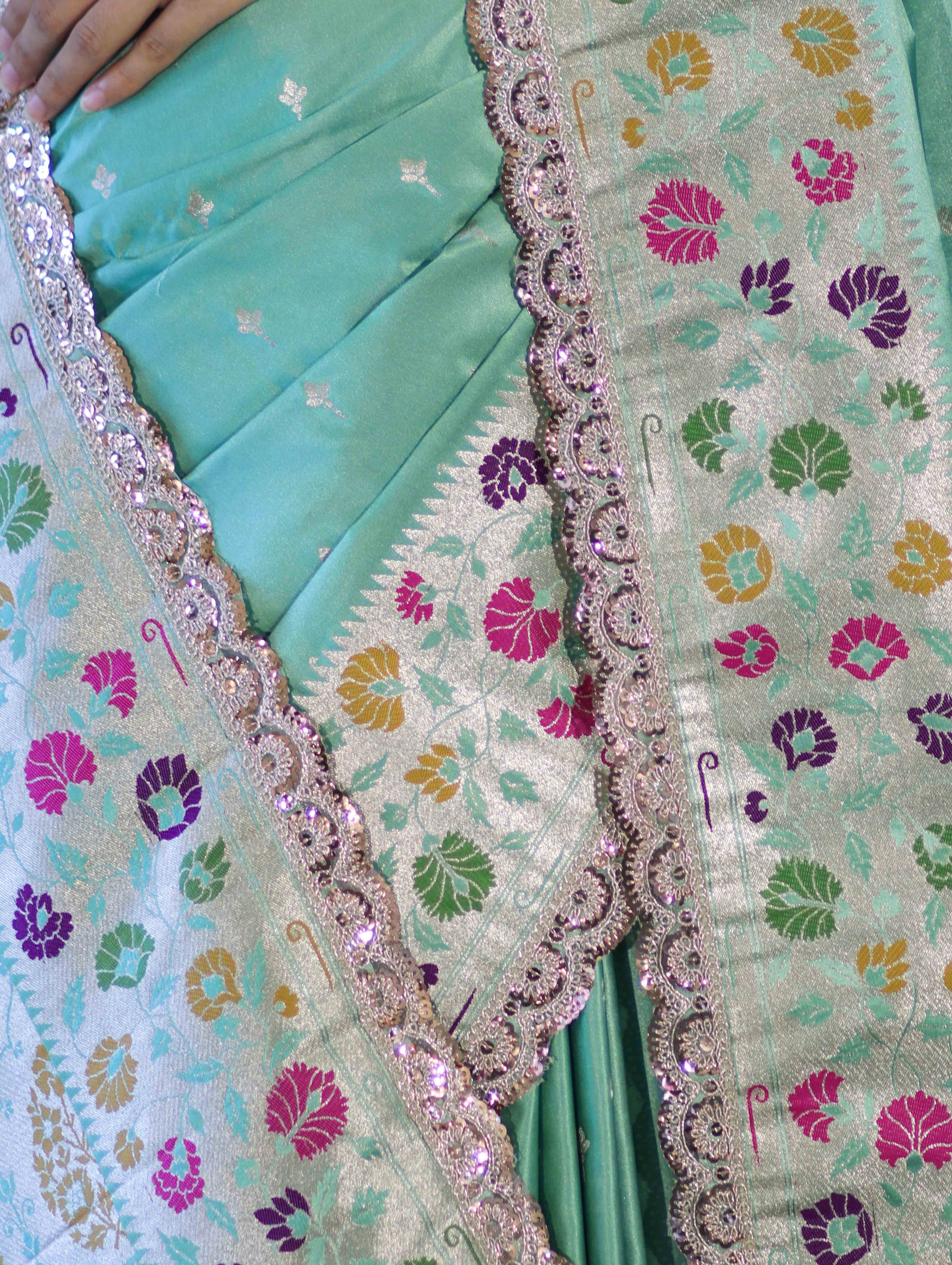 Banarasee Handloom Mashru Silk Saree With Buti Design Meenadar Border & Pallu-Aqua Green