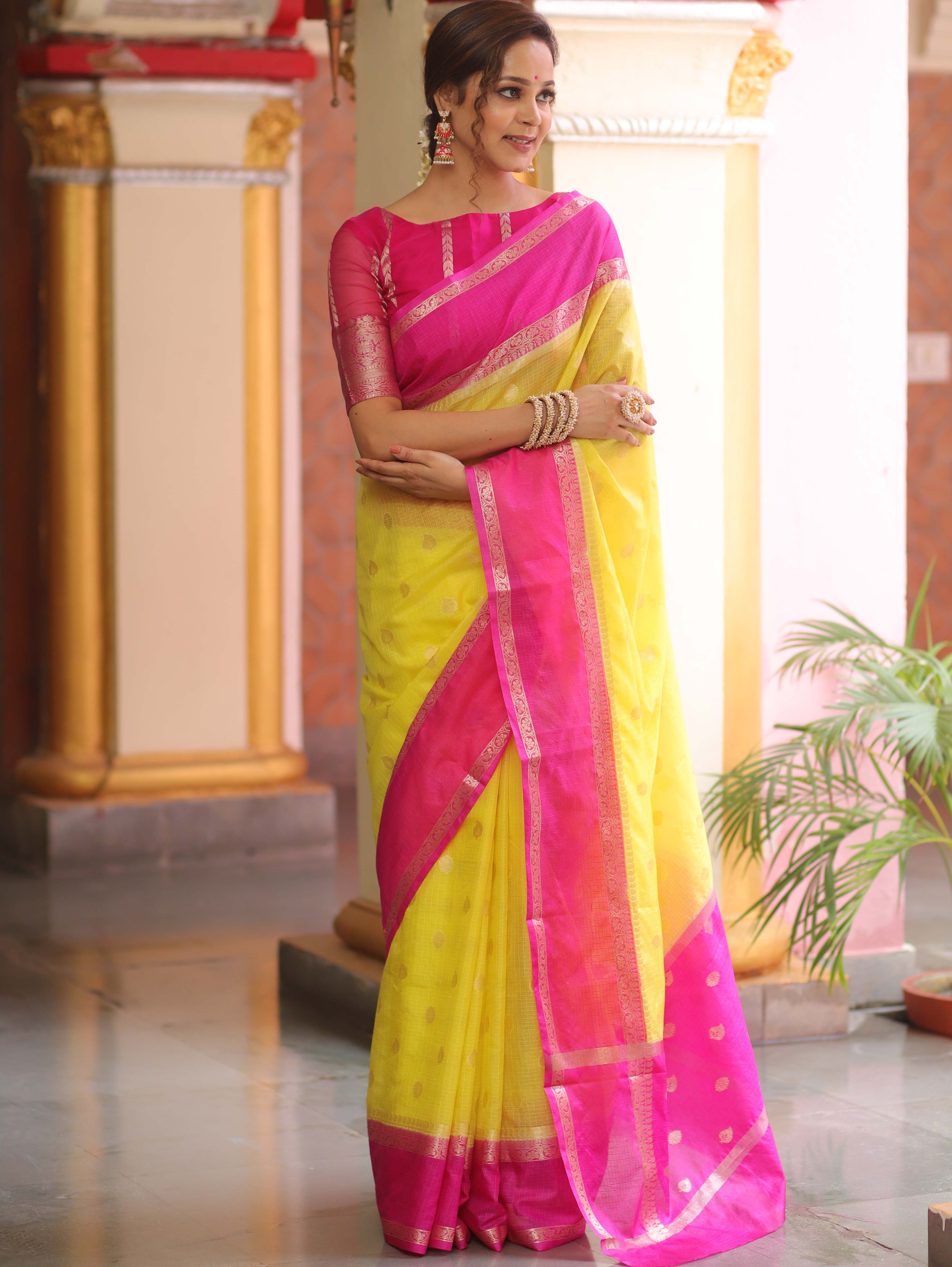 Banarasee Cotton Silk Mix Kota Checks Saree With Zari Design-Yellow & Pink