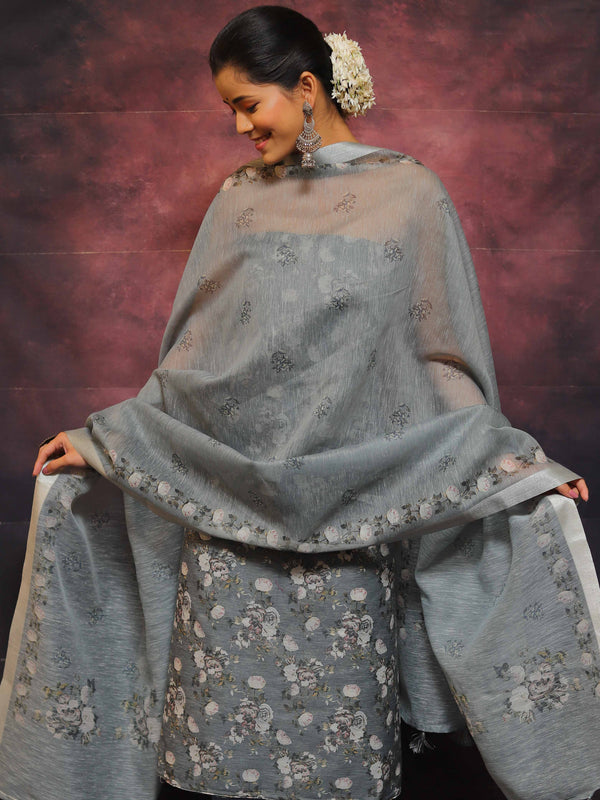 Banarasee Handloom Chanderi Silk Salwar Kameez With Digital Print Design-Grey