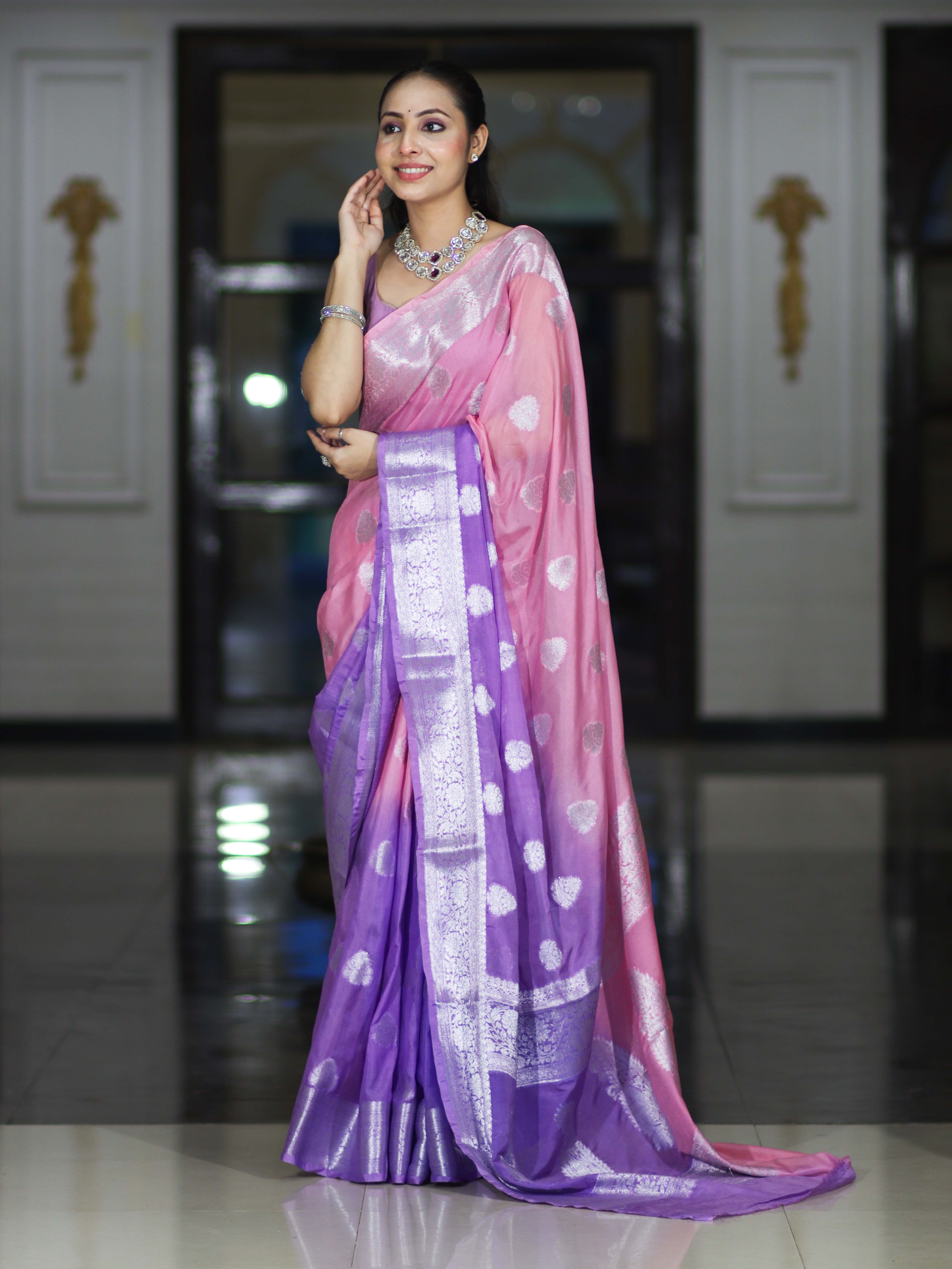 Banarasee Handwoven Dual Color Semi-Chiffon Saree With Zari Work-Lavender & Pink