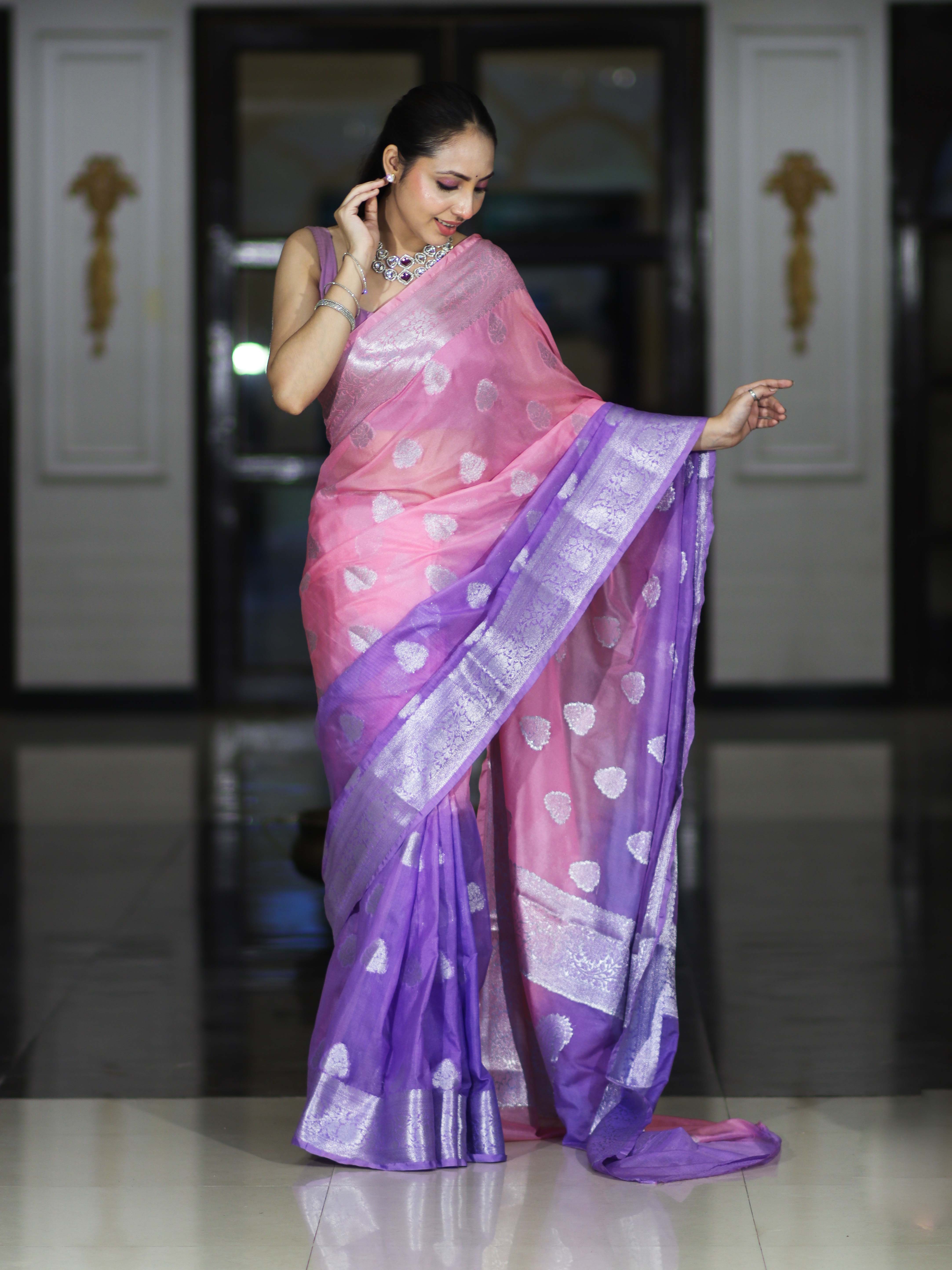 Banarasee Handwoven Dual Color Semi-Chiffon Saree With Zari Work-Lavender & Pink
