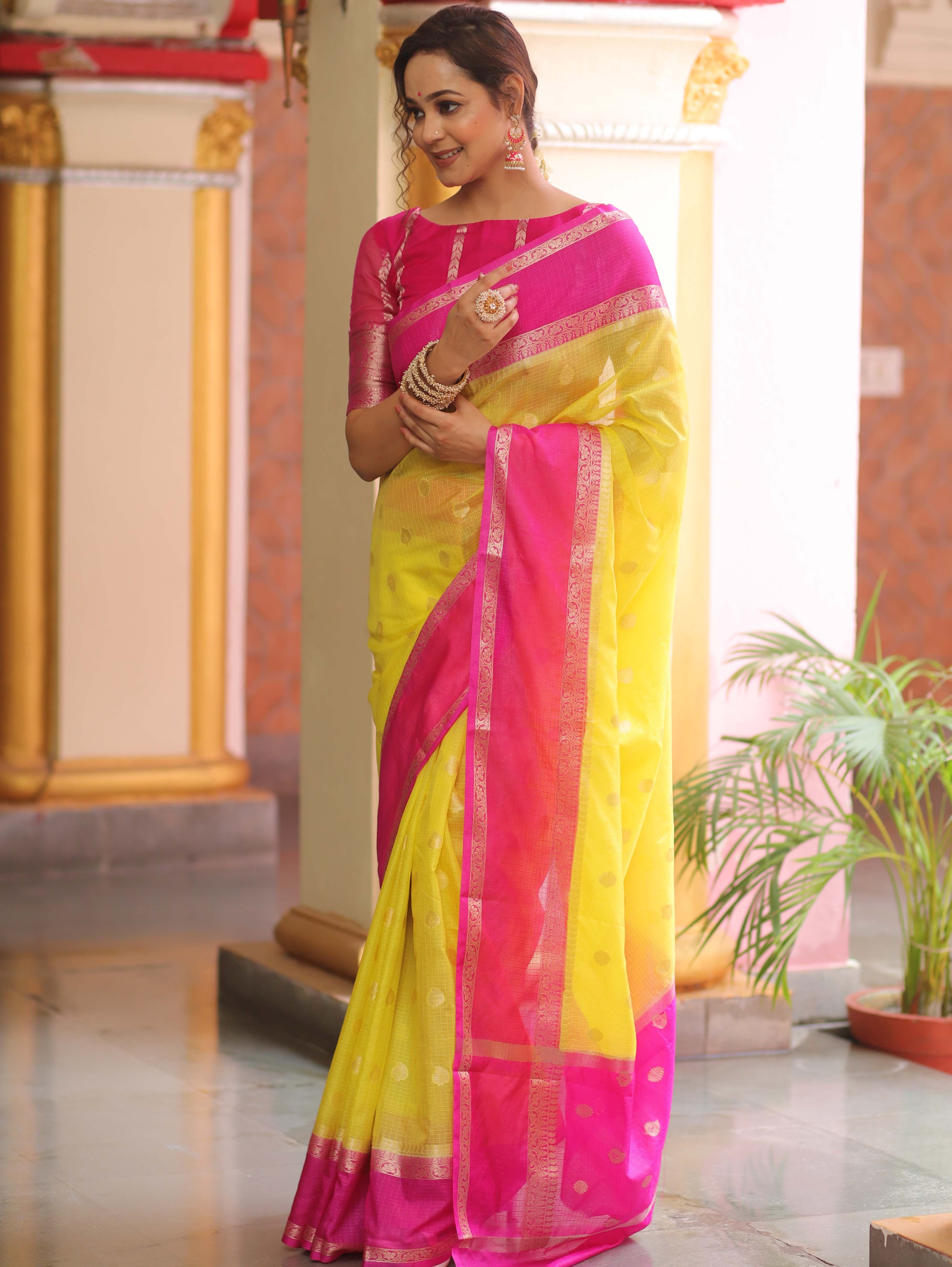 Banarasee Cotton Silk Mix Kota Checks Saree With Zari Design-Yellow & Pink