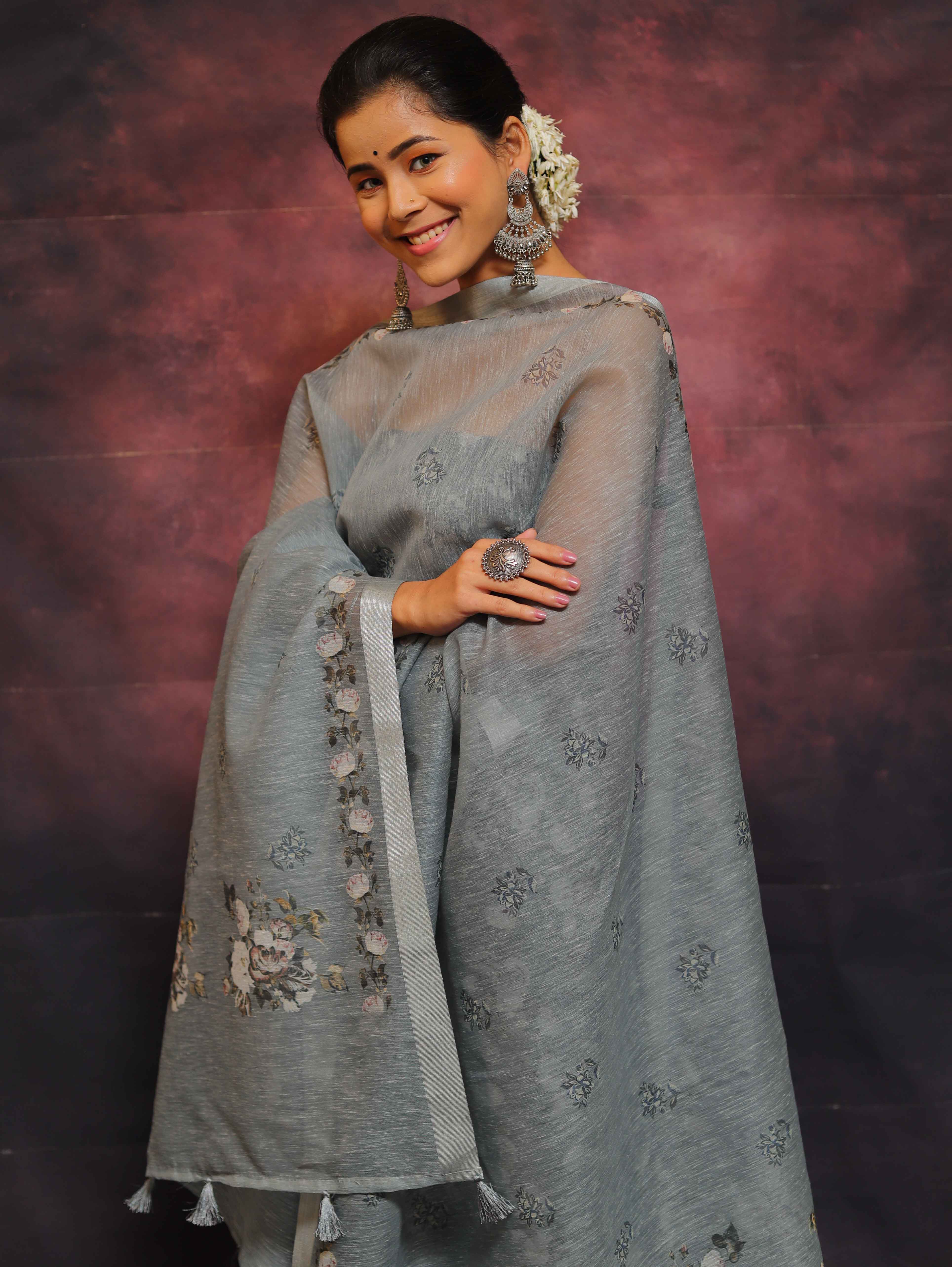 Banarasee Handloom Chanderi Silk Salwar Kameez With Digital Print Design-Grey