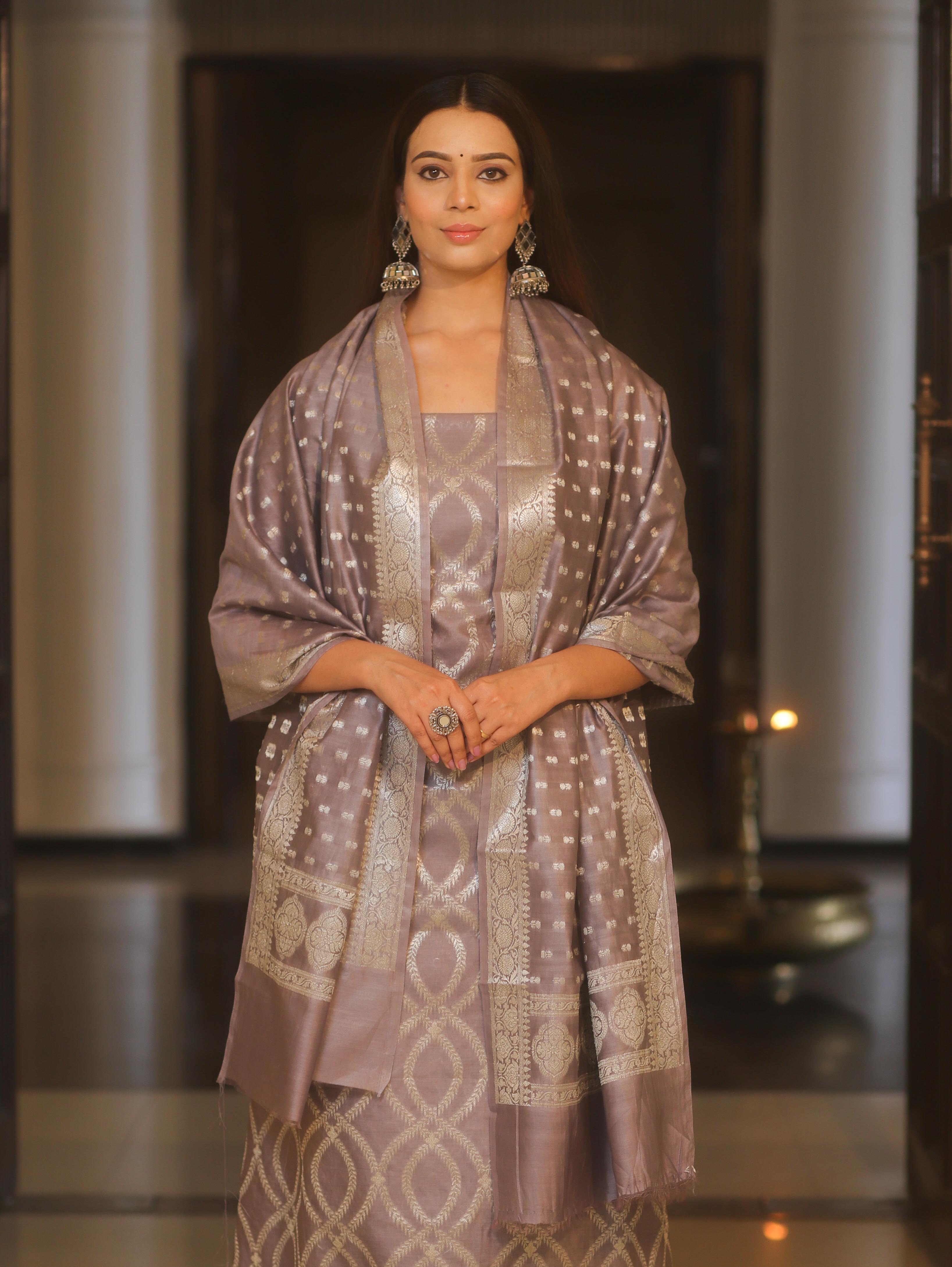 Banarasee Cotton Silk Zari Work Salwar Kameez Fabric With Dupatta-Mouve
