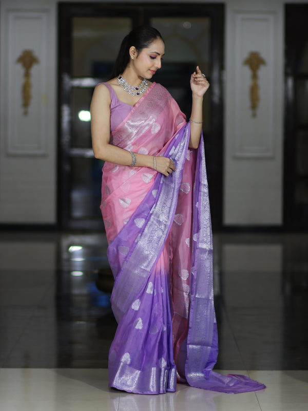 Banarasee Handwoven Dual Color Semi-Chiffon Saree With Zari Work-Lavender & Pink