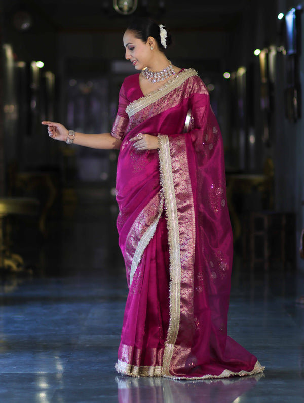 Banarasee Handwoven Tissue Saree With Swarovski Work Zari Border & Lace-Magenta