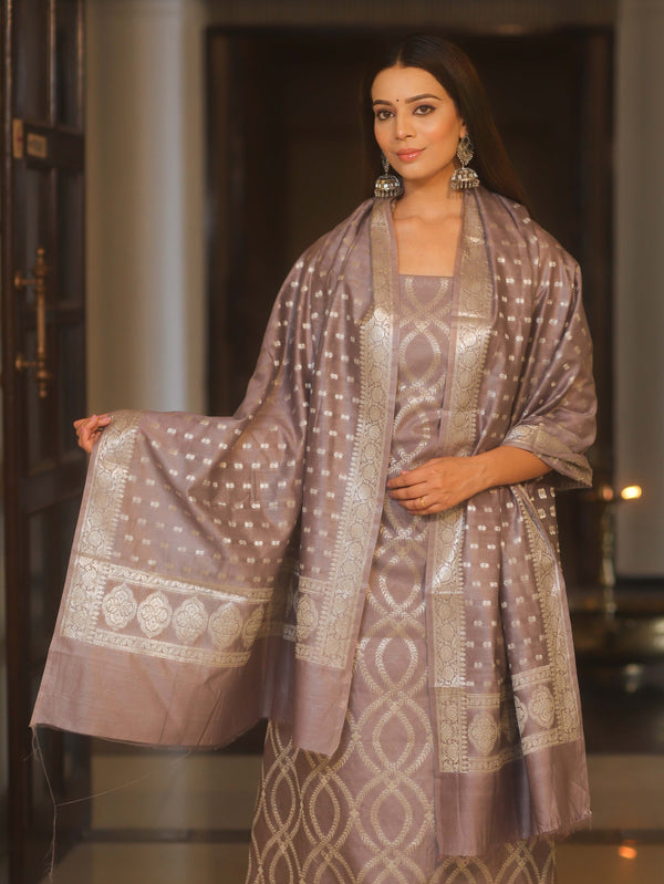 Banarasee Cotton Silk Zari Work Salwar Kameez Fabric With Dupatta-Mouve