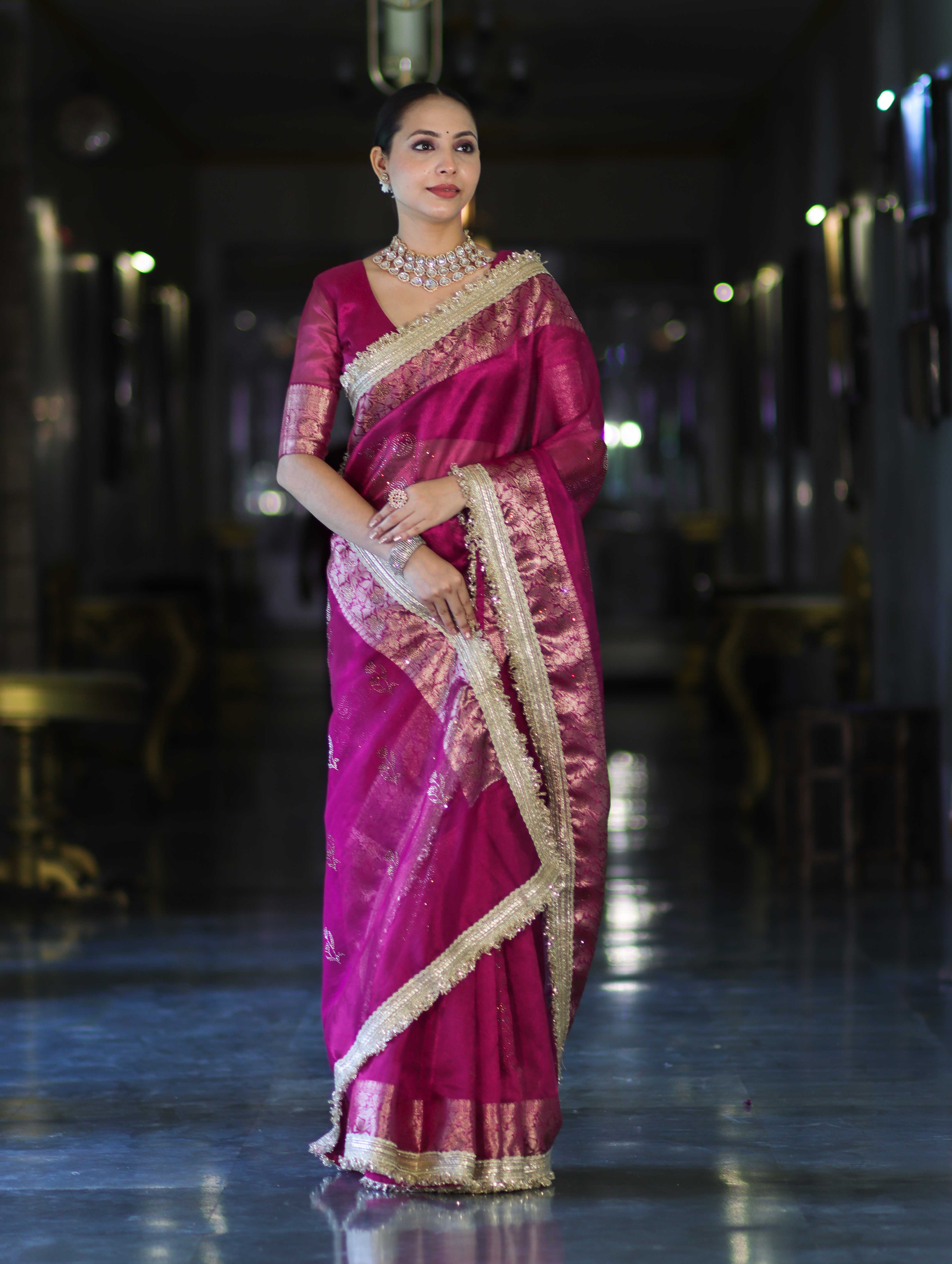 Banarasee Handwoven Tissue Saree With Swarovski Work Zari Border & Lace-Magenta