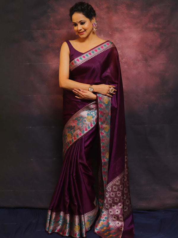 Banarasee Handwoven Semi Silk Plain Saree With Broad Zari & Meena Border-Violet
