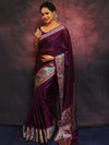 Banarasee Handwoven Semi Silk Plain Saree With Broad Zari & Meena Border-Violet