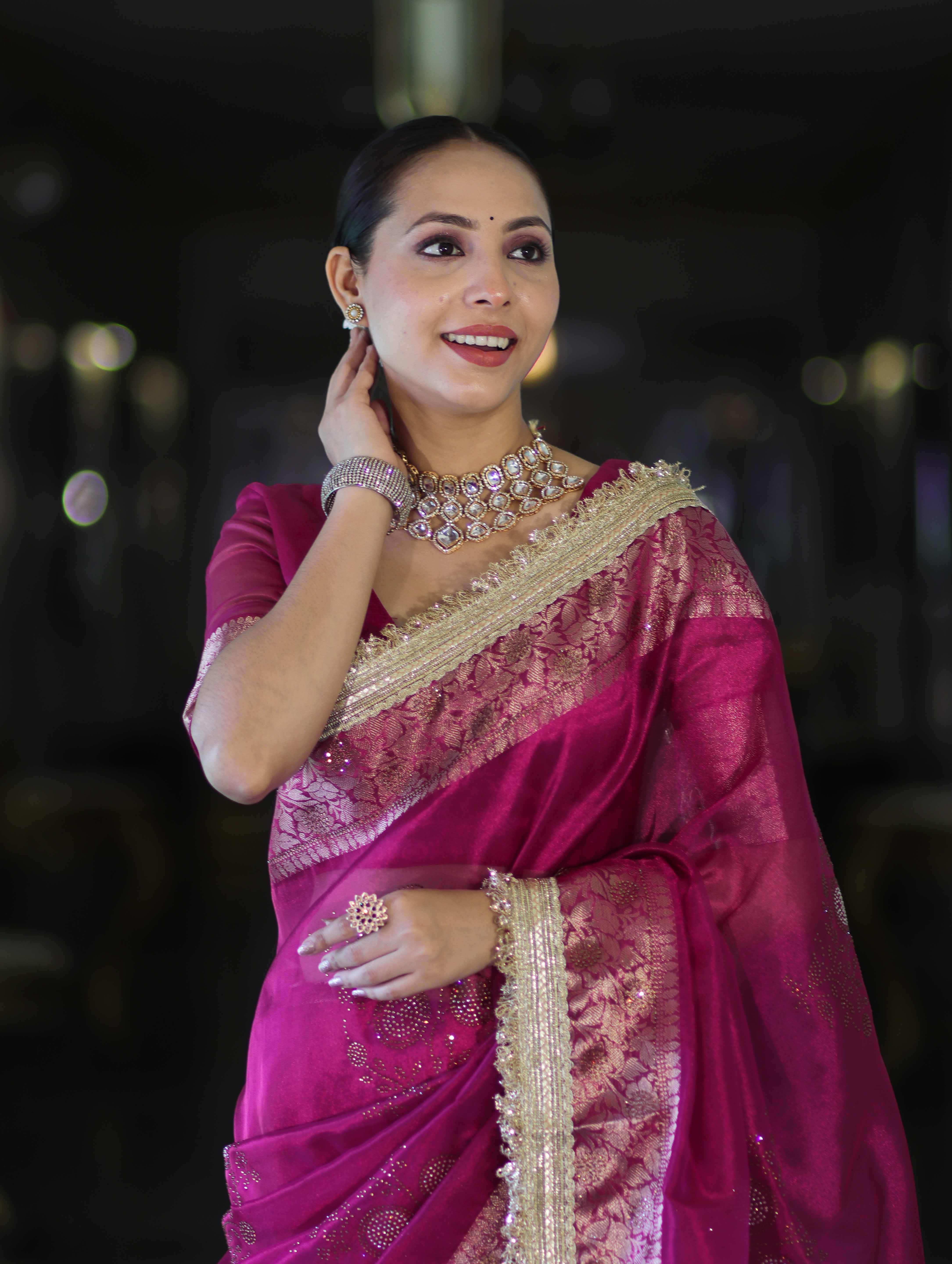 Banarasee Handwoven Tissue Saree With Swarovski Work Zari Border & Lace-Magenta