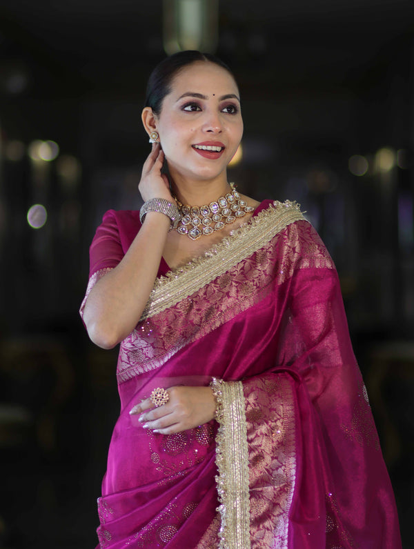 Banarasee Handwoven Tissue Saree With Swarovski Work Zari Border & Lace-Magenta