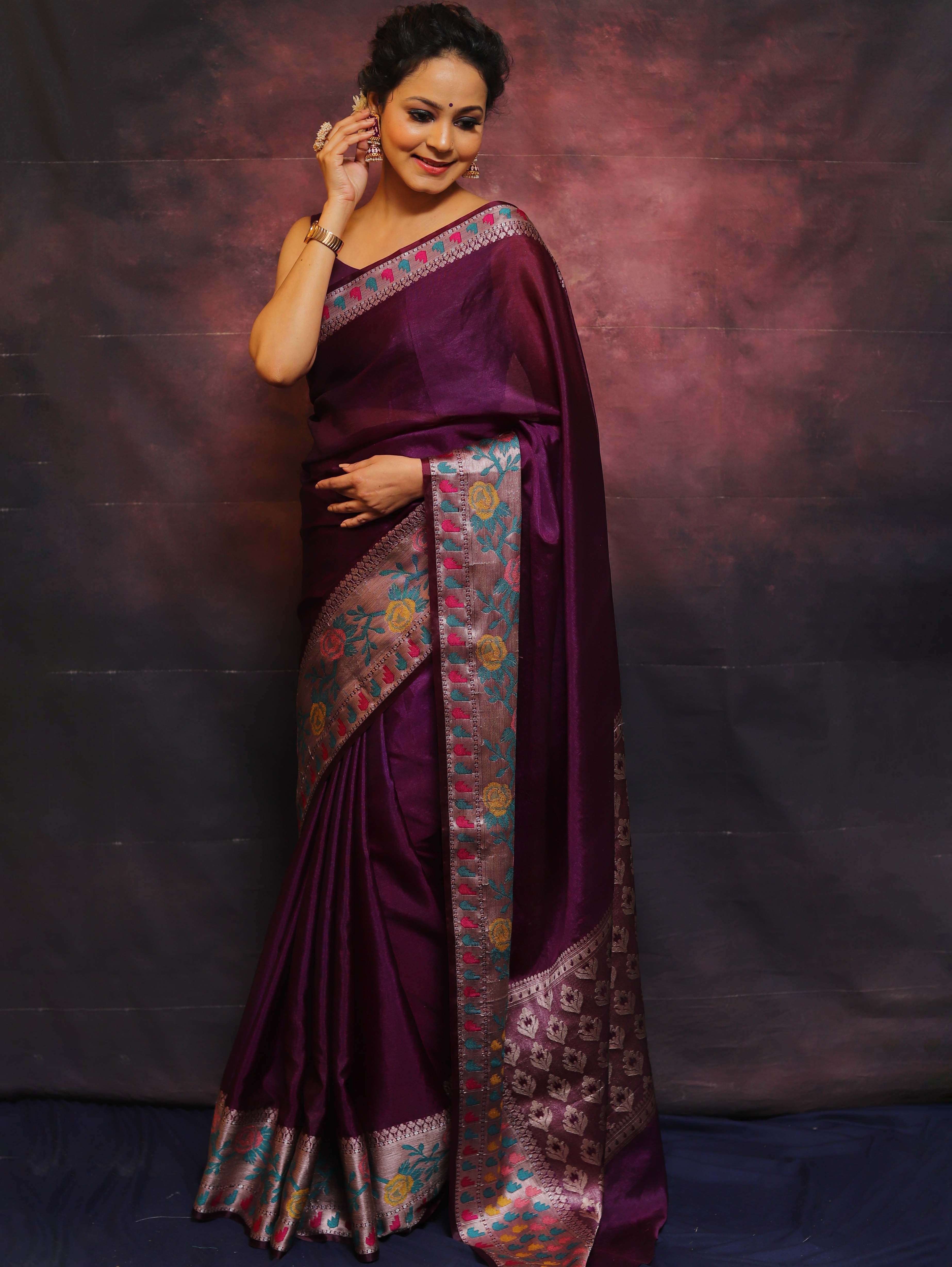Banarasee Handwoven Semi Silk Plain Saree With Broad Zari & Meena Border-Violet