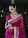 Banarasee Handwoven Tissue Saree With Swarovski Work Zari Border & Lace-Magenta