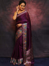 Banarasee Handwoven Semi Silk Plain Saree With Broad Zari & Meena Border-Violet