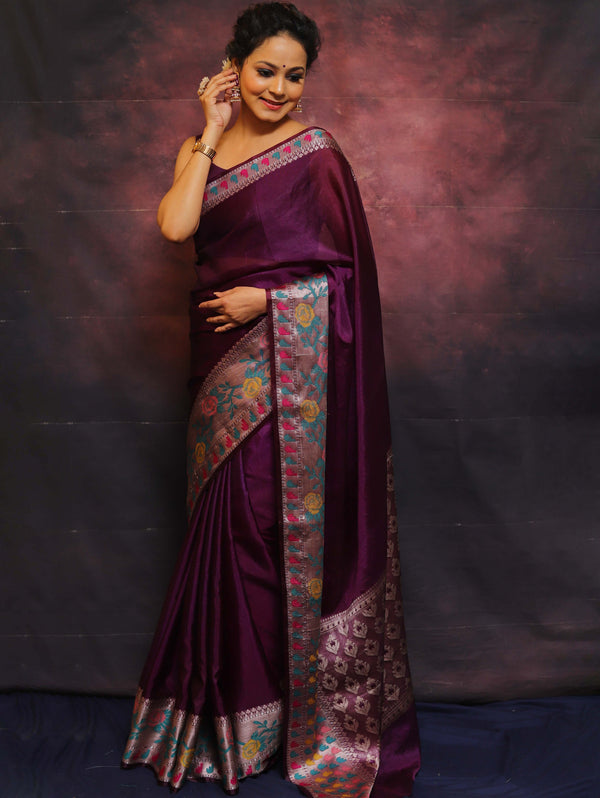 Banarasee Handwoven Semi Silk Plain Saree With Broad Zari & Meena Border-Violet