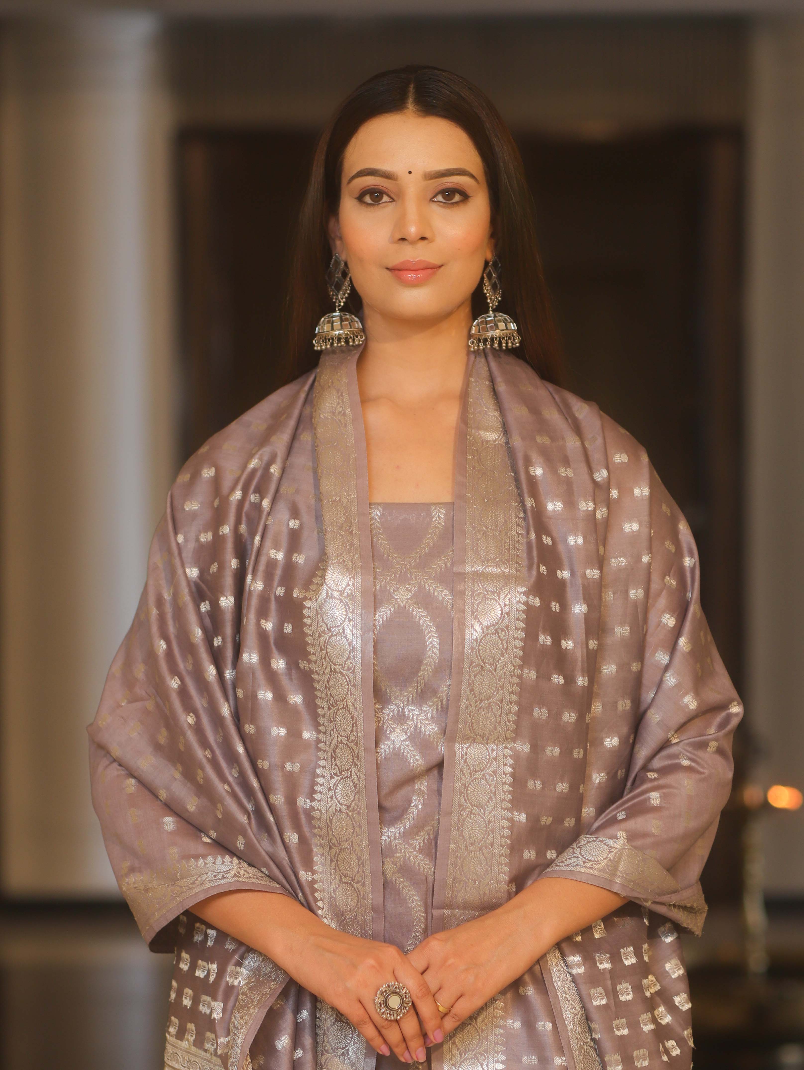 Banarasee Cotton Silk Zari Work Salwar Kameez Fabric With Dupatta-Mouve