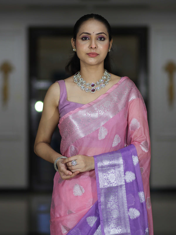 Banarasee Handwoven Dual Color Semi-Chiffon Saree With Zari Work-Lavender & Pink