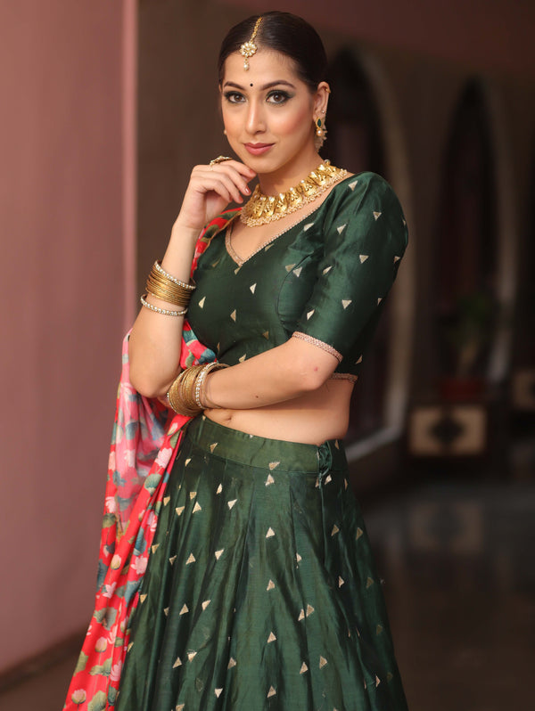 Banarasee Chanderi Silk Lehenga & Blouse With Crepe Silk Dupatta-Green