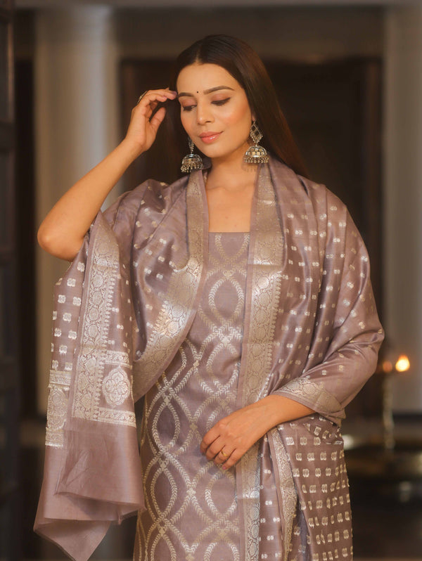 Banarasee Cotton Silk Zari Work Salwar Kameez Fabric With Dupatta-Mouve