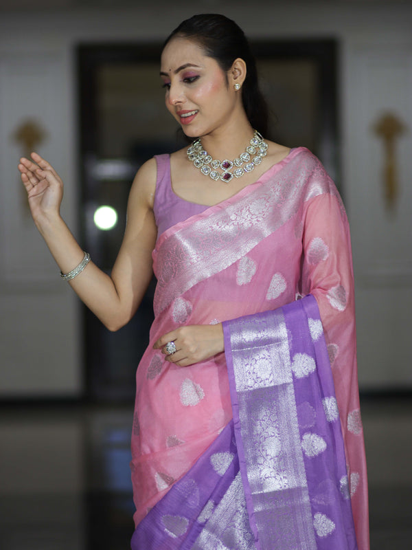 Banarasee Handwoven Dual Color Semi-Chiffon Saree With Zari Work-Lavender & Pink