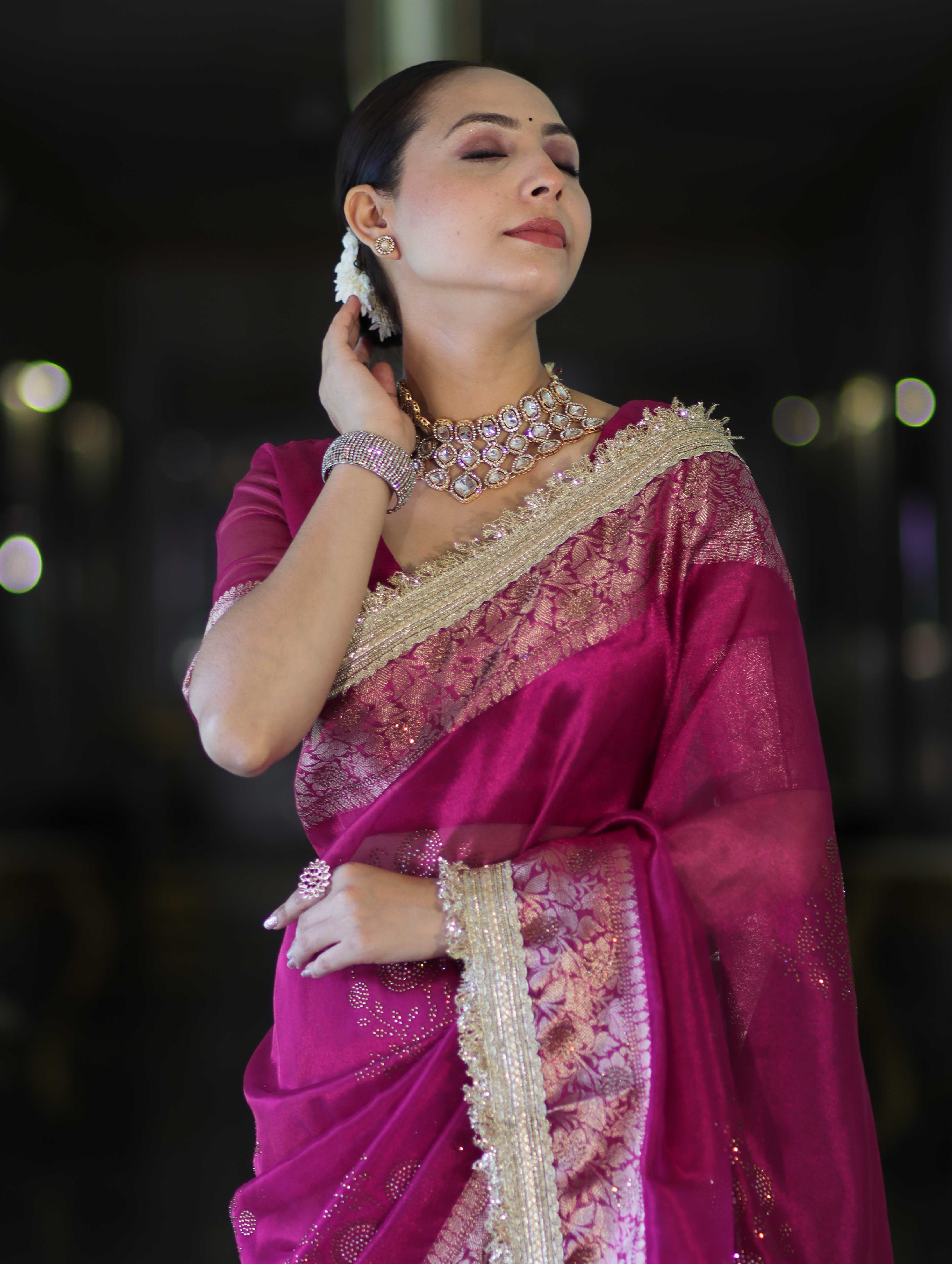 Banarasee Handwoven Tissue Saree With Swarovski Work Zari Border & Lace-Magenta