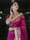 Banarasee Handwoven Tissue Saree With Swarovski Work Zari Border & Lace-Magenta