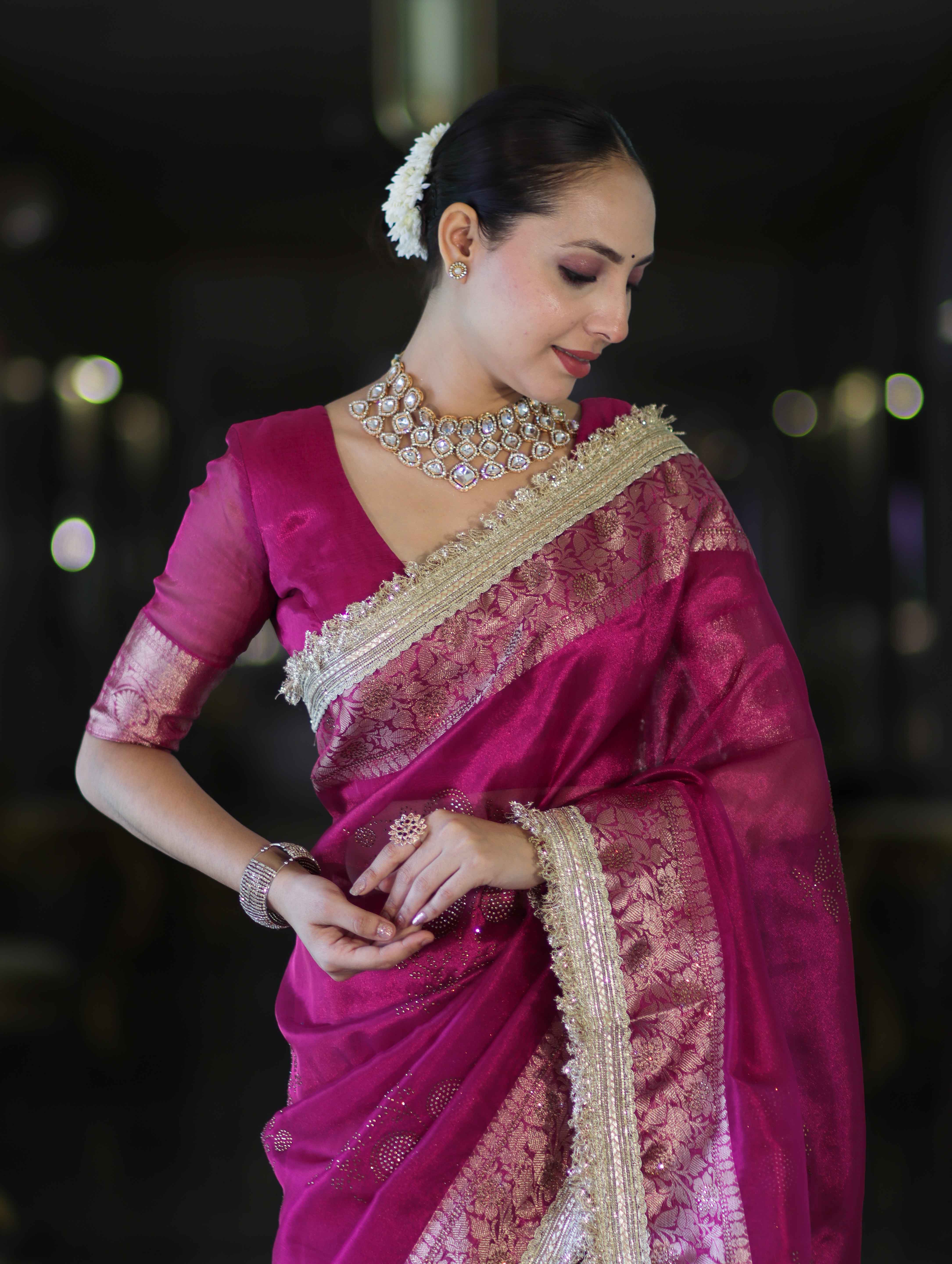 Banarasee Handwoven Tissue Saree With Swarovski Work Zari Border & Lace-Magenta
