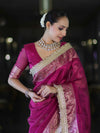 Banarasee Handwoven Tissue Saree With Swarovski Work Zari Border & Lace-Magenta