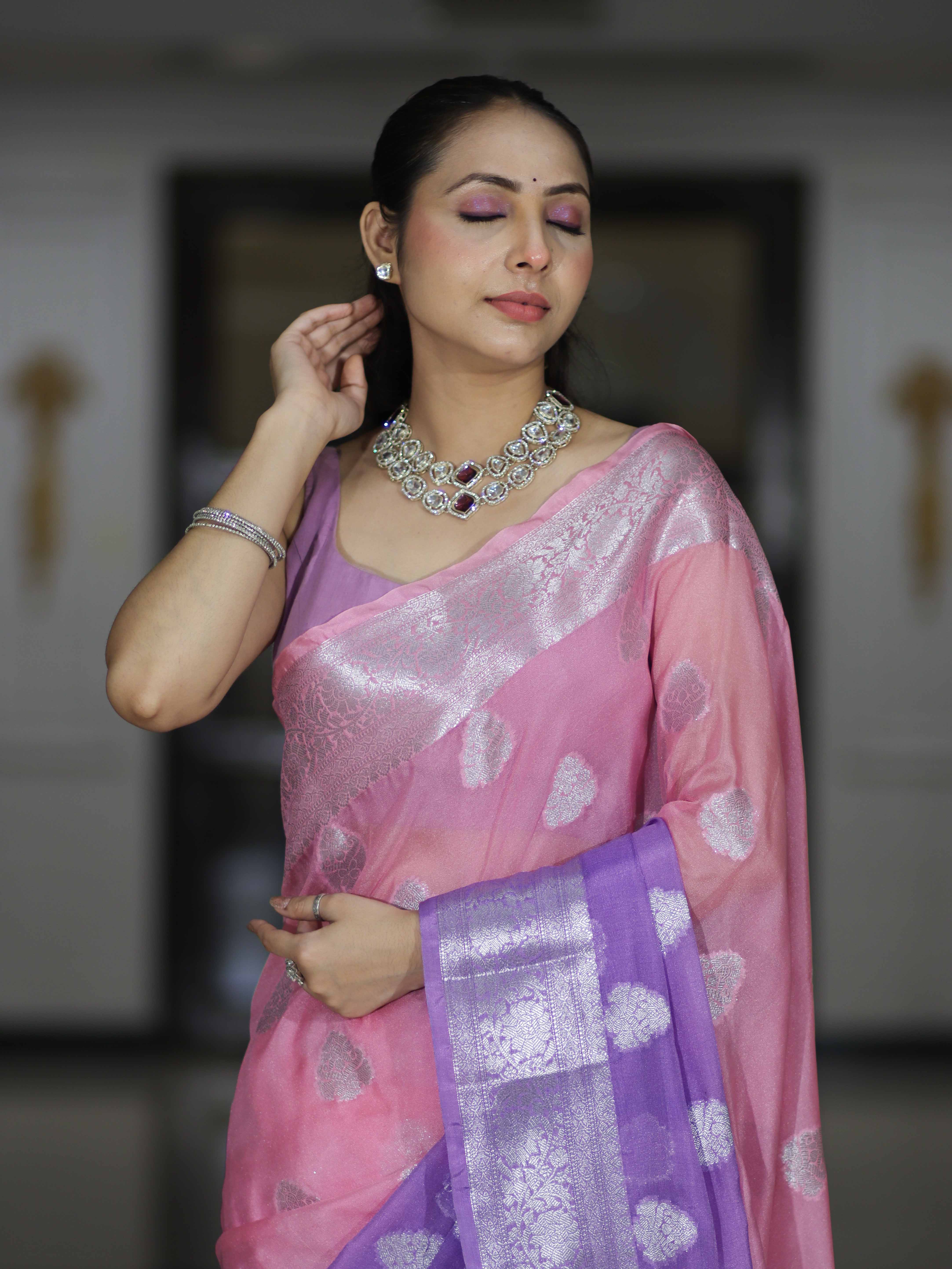Banarasee Handwoven Dual Color Semi-Chiffon Saree With Zari Work-Lavender & Pink