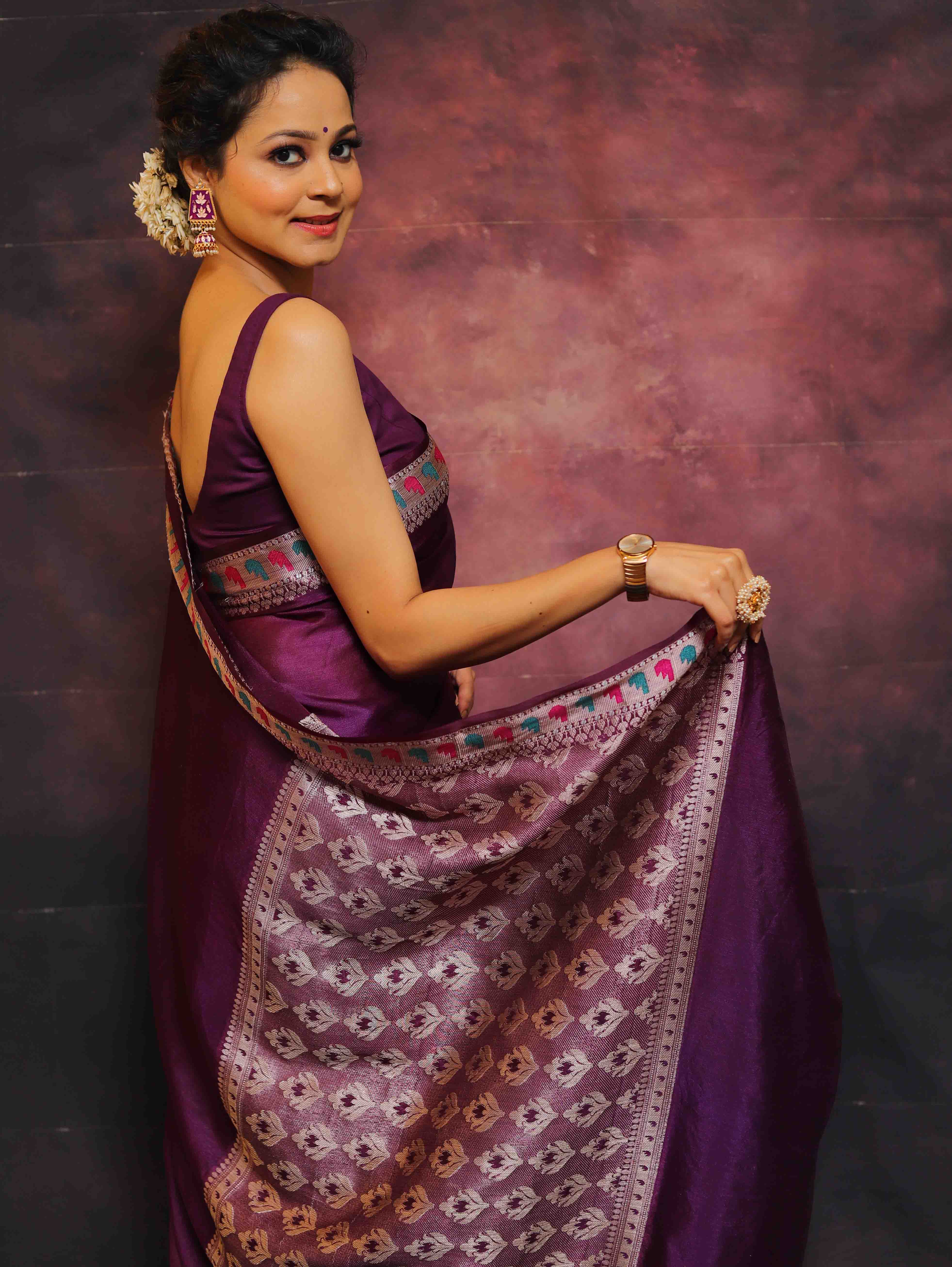 Banarasee Handwoven Semi Silk Plain Saree With Broad Zari & Meena Border-Violet