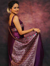 Banarasee Handwoven Semi Silk Plain Saree With Broad Zari & Meena Border-Violet