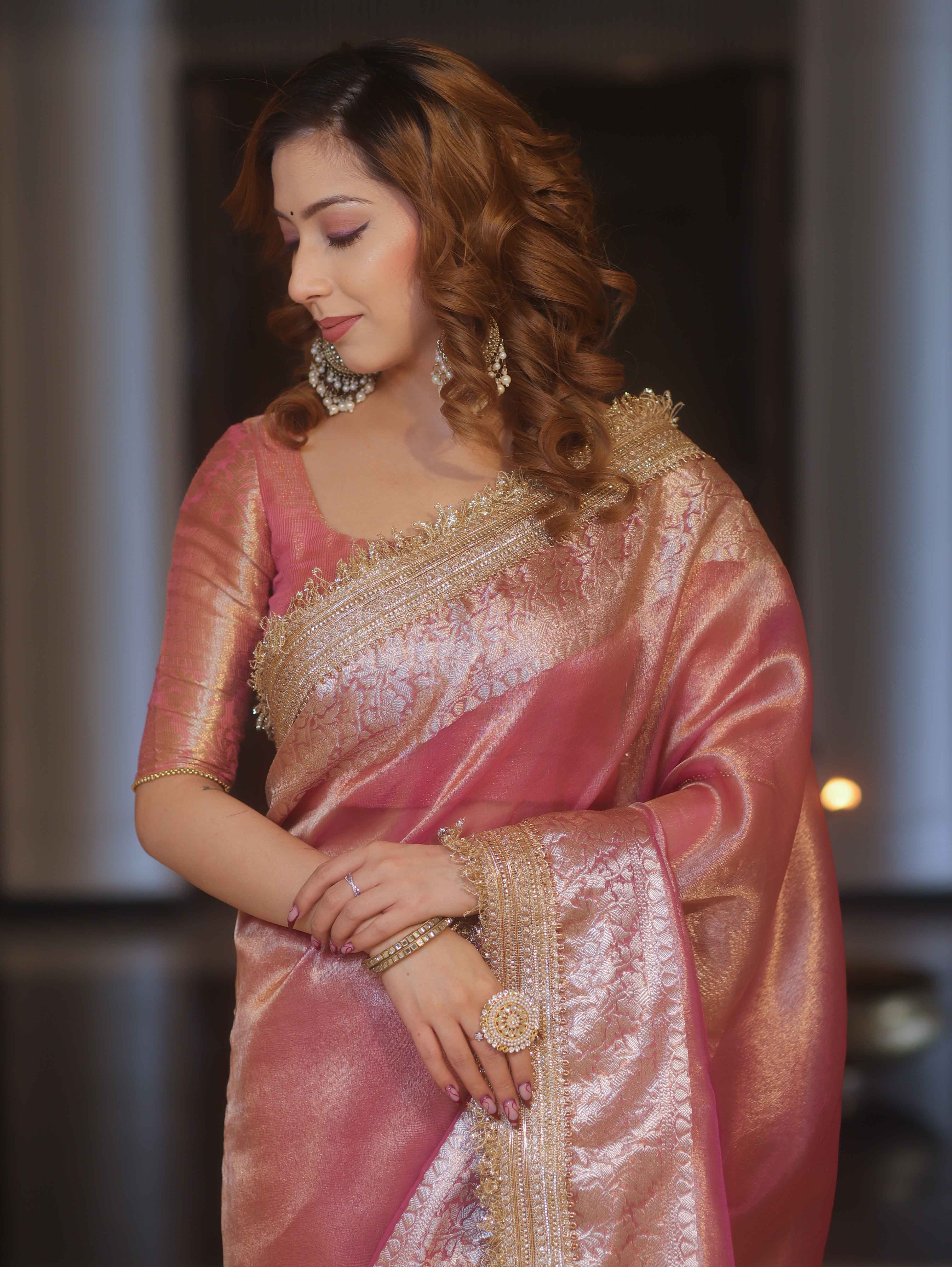 Banarasee Handwoven Plain Tissue Saree With Zari Border & Lace-Pink