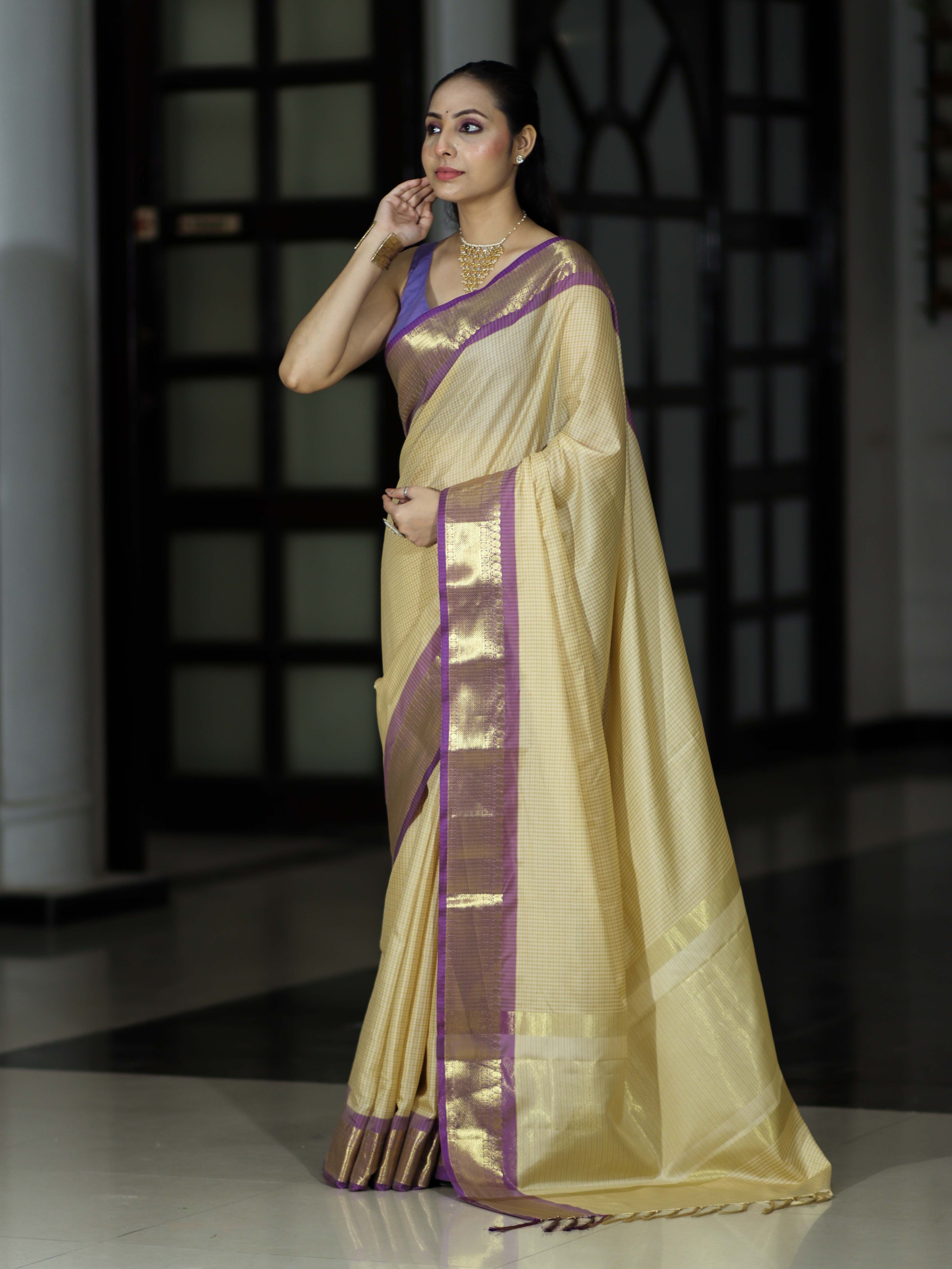 Banarasee Handloom Semi Silk Saree With Checks Pattern & Contrast Border-Light Yellow & Lavender