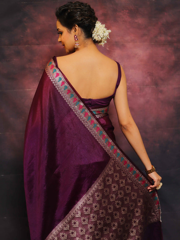 Banarasee Handwoven Semi Silk Plain Saree With Broad Zari & Meena Border-Violet