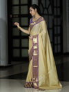 Banarasee Handloom Semi Silk Saree With Checks Pattern & Contrast Border-Light Yellow & Lavender