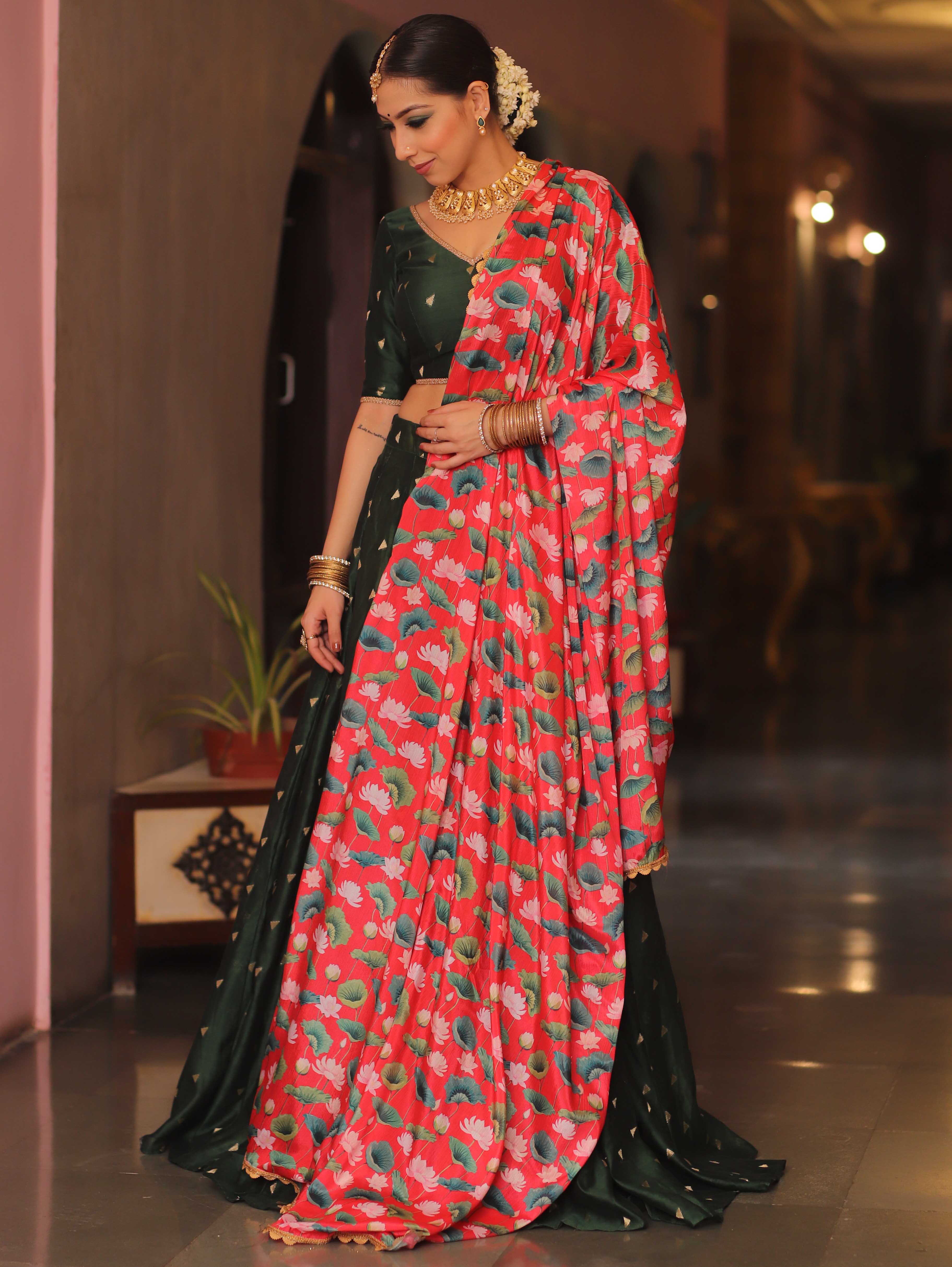 Banarasee Chanderi Silk Lehenga & Blouse With Crepe Silk Dupatta-Green