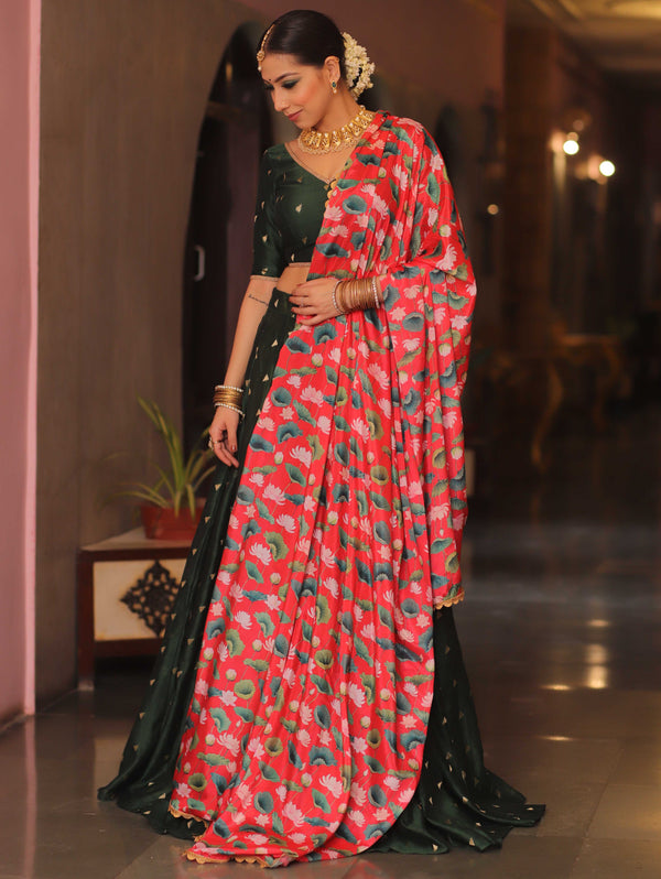 Banarasee Chanderi Silk Lehenga & Blouse With Crepe Silk Dupatta-Green
