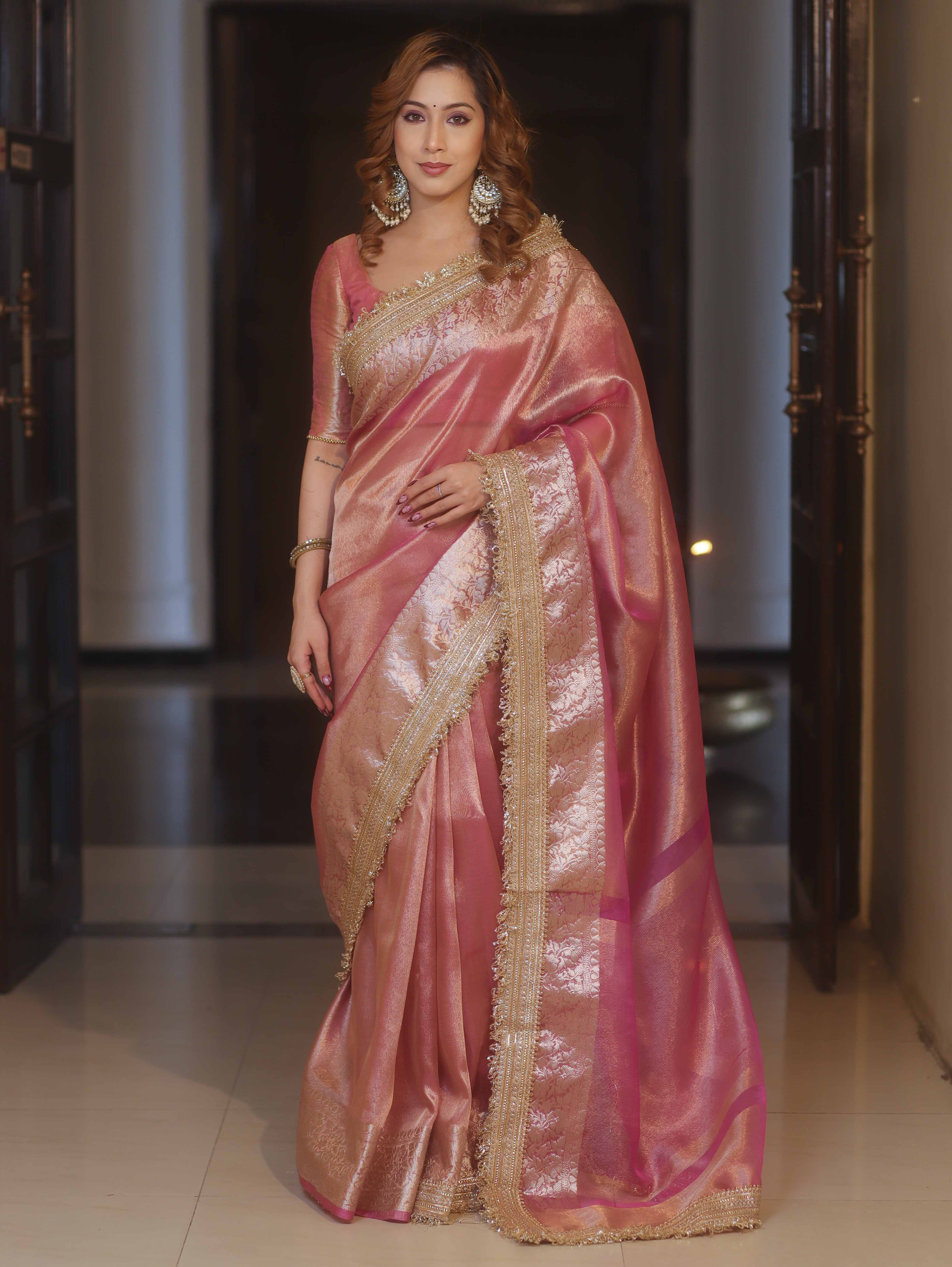 Banarasee Handwoven Plain Tissue Saree With Zari Border & Lace-Pink