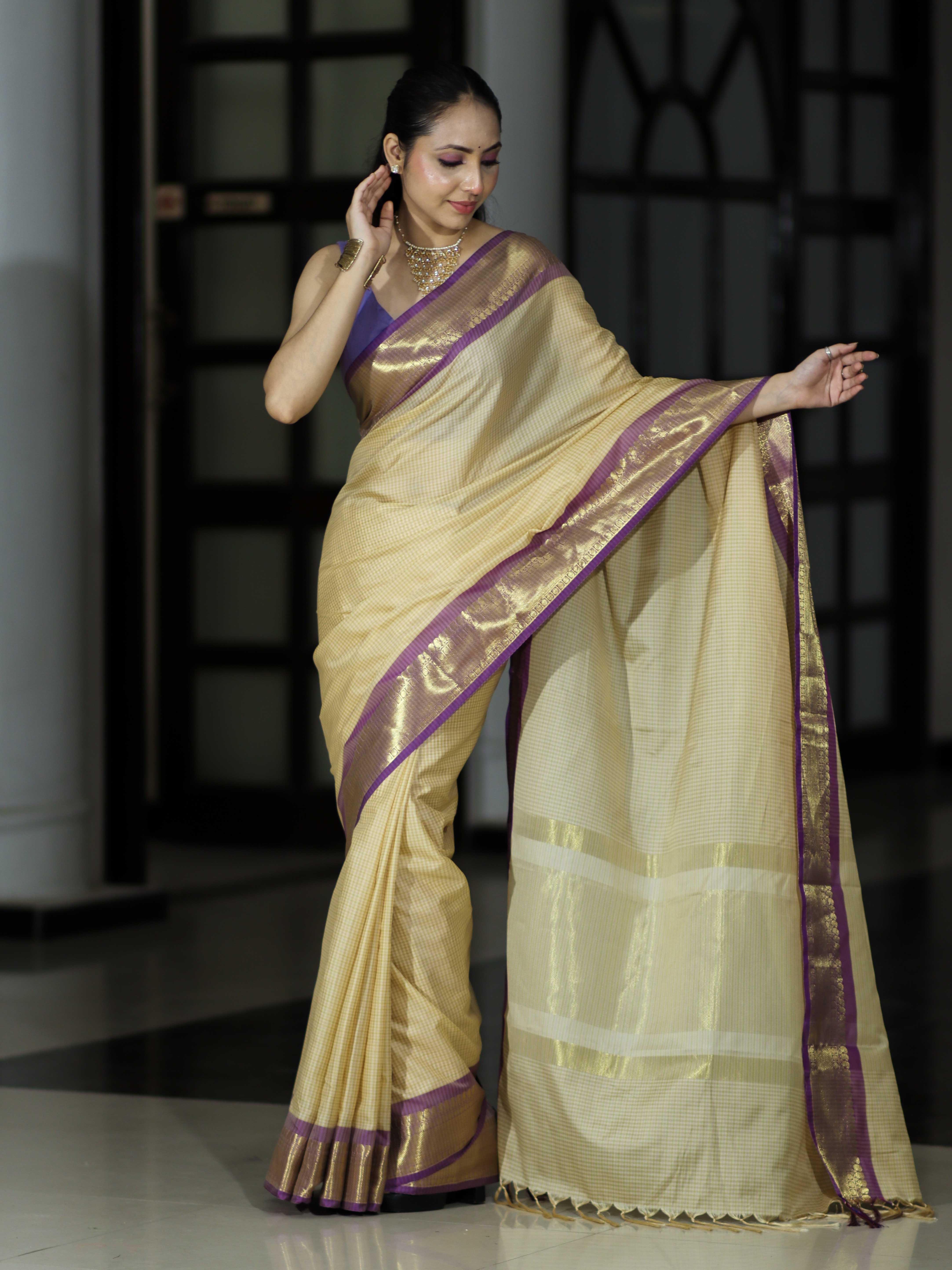 Banarasee Handloom Semi Silk Saree With Checks Pattern & Contrast Border-Light Yellow & Lavender
