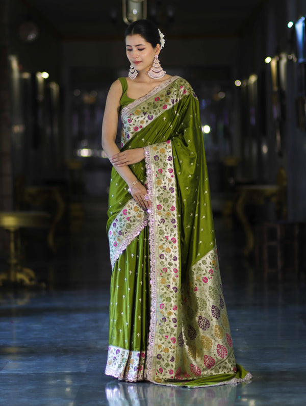 Banarasee Handloom Mashru Silk Saree With Buti Design Meenadar Border & Pallu-Green