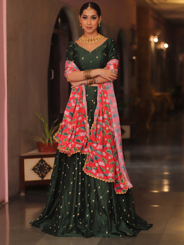 Printed Semi Stitched Lehenga Choli (Red & Green) - Adoldia