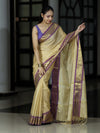 Banarasee Handloom Semi Silk Saree With Checks Pattern & Contrast Border-Light Yellow & Lavender