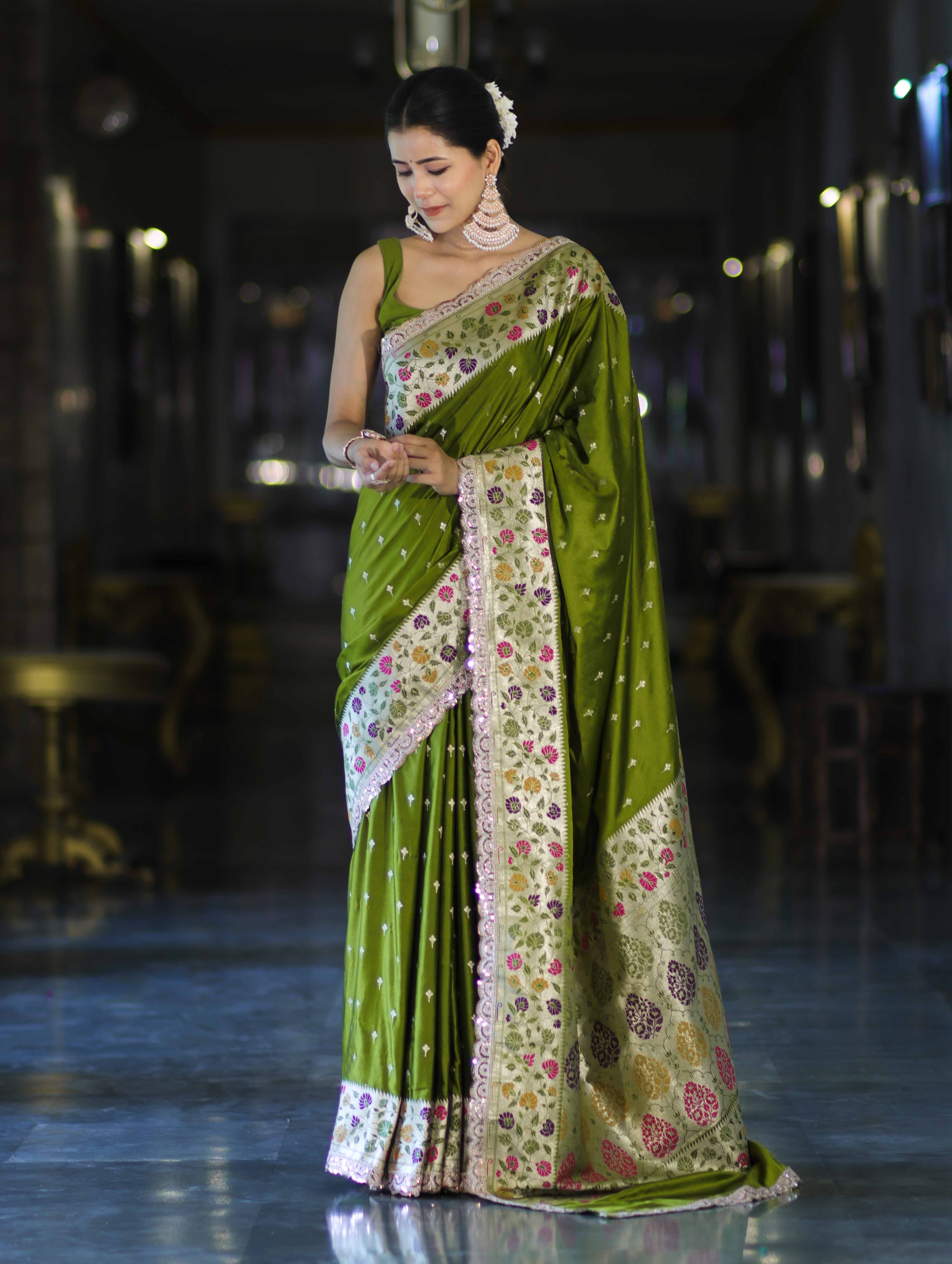 Banarasee Handloom Mashru Silk Saree With Buti Design Meenadar Border & Pallu-Green